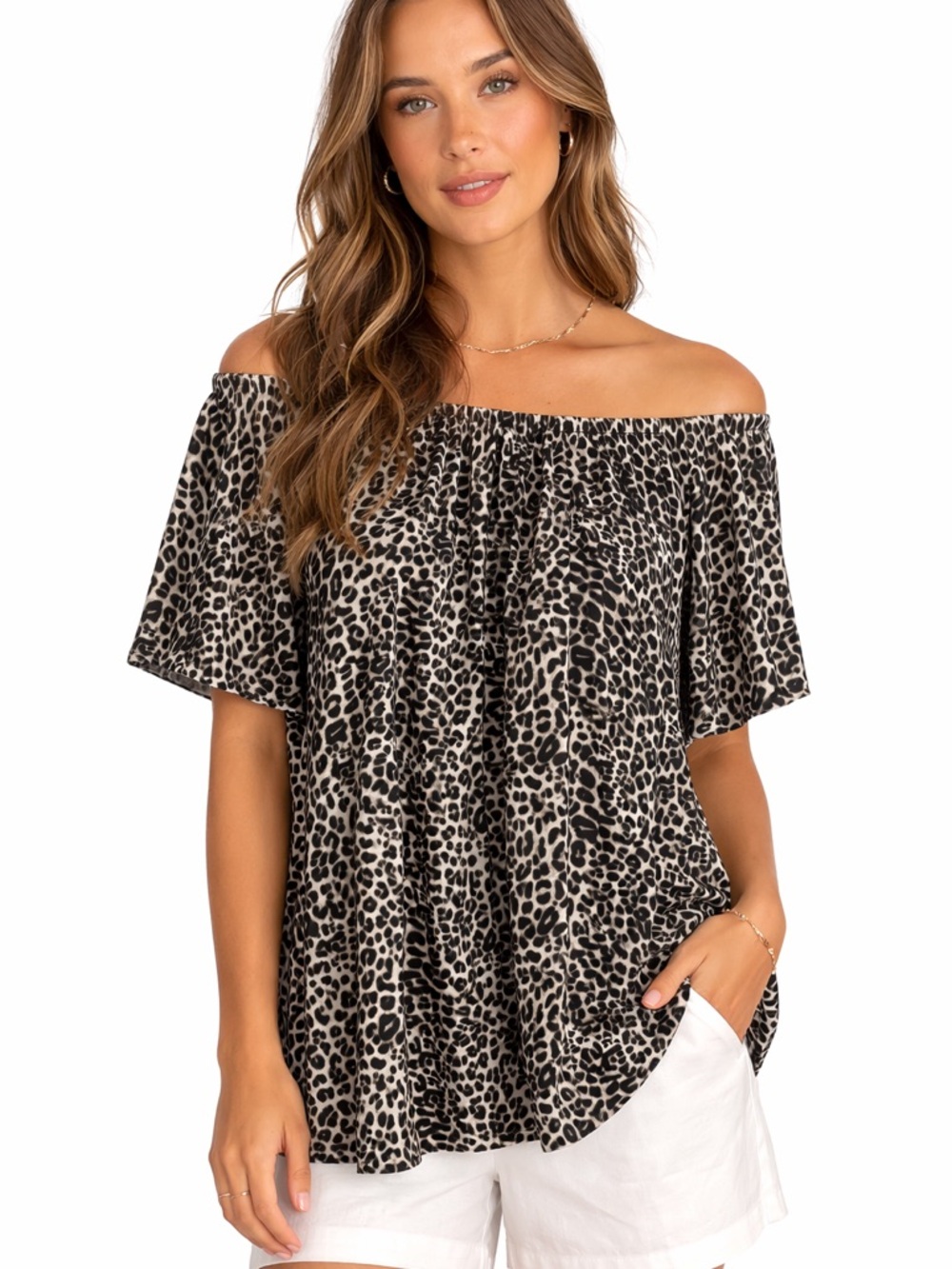 Vince Camuto Leopard Off The Shoulder Blouse Tan Black Animal Print Medium NEW